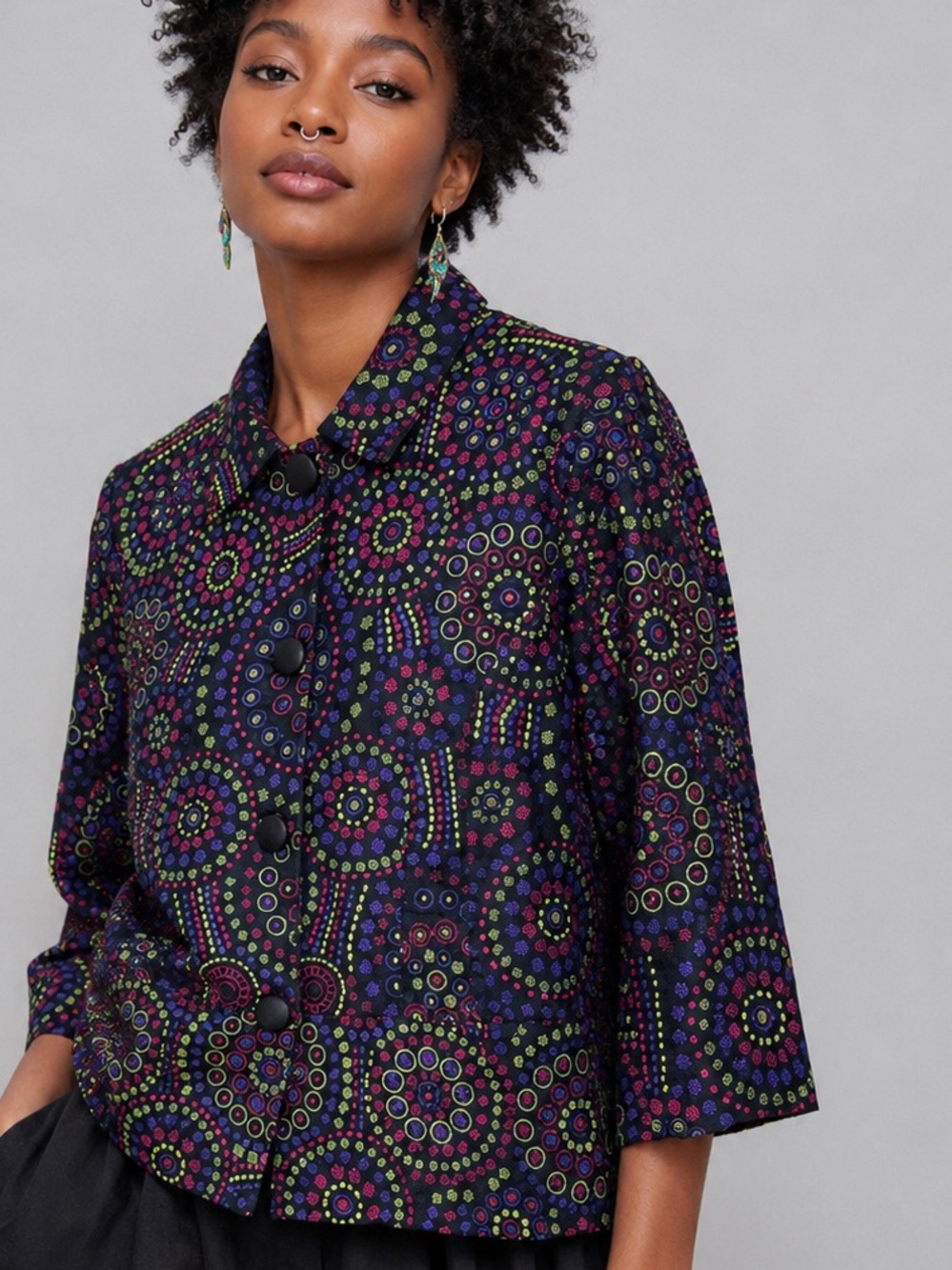 Chico’s Art to Wear Jacket Circle Print Boho Lagenlook Artsy Blazer size 1